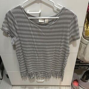 Chico's Silver Striped Fringe Hem Tee